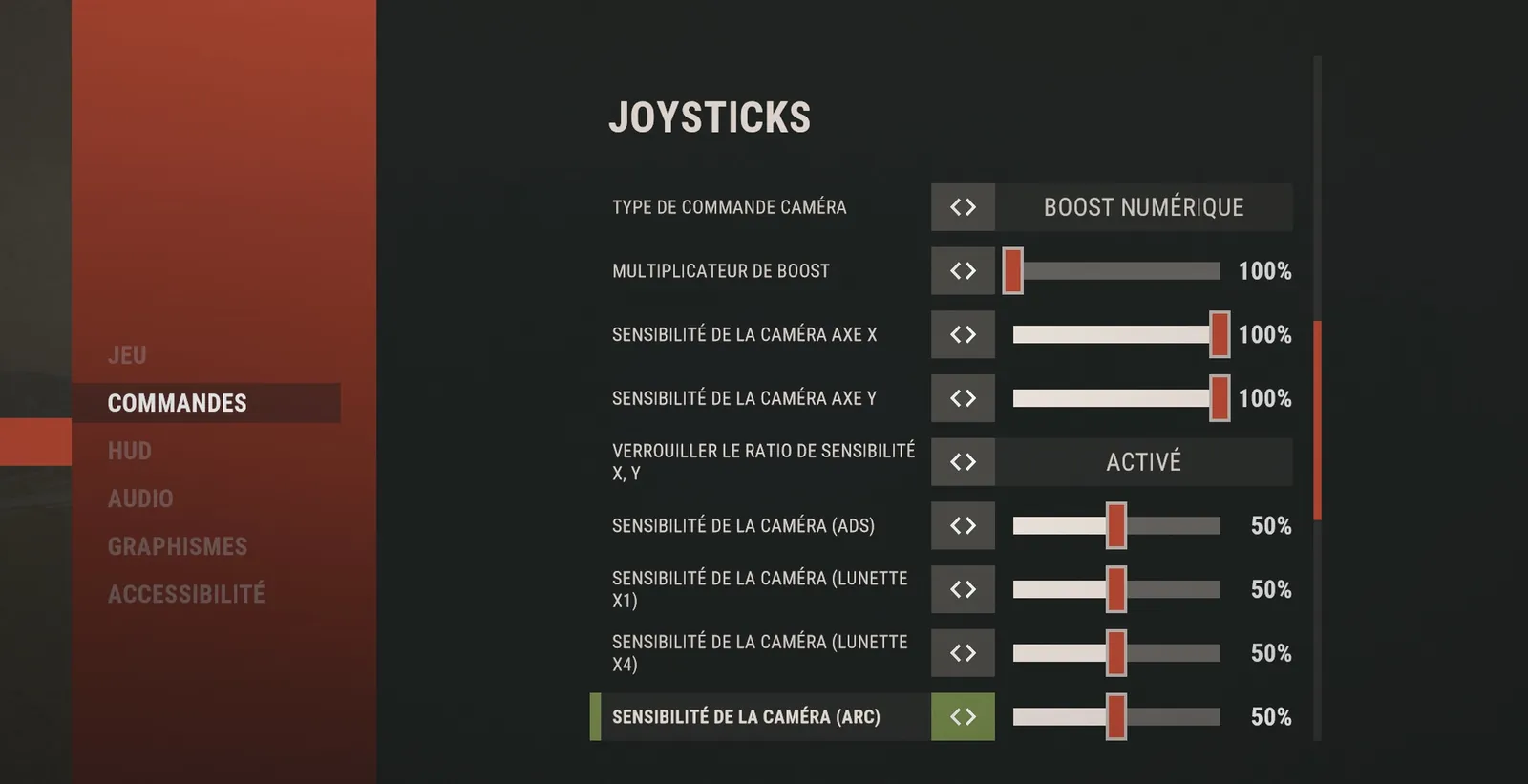 Rust options › CONTROLS › JOYSTICKS. — écran SERVAL