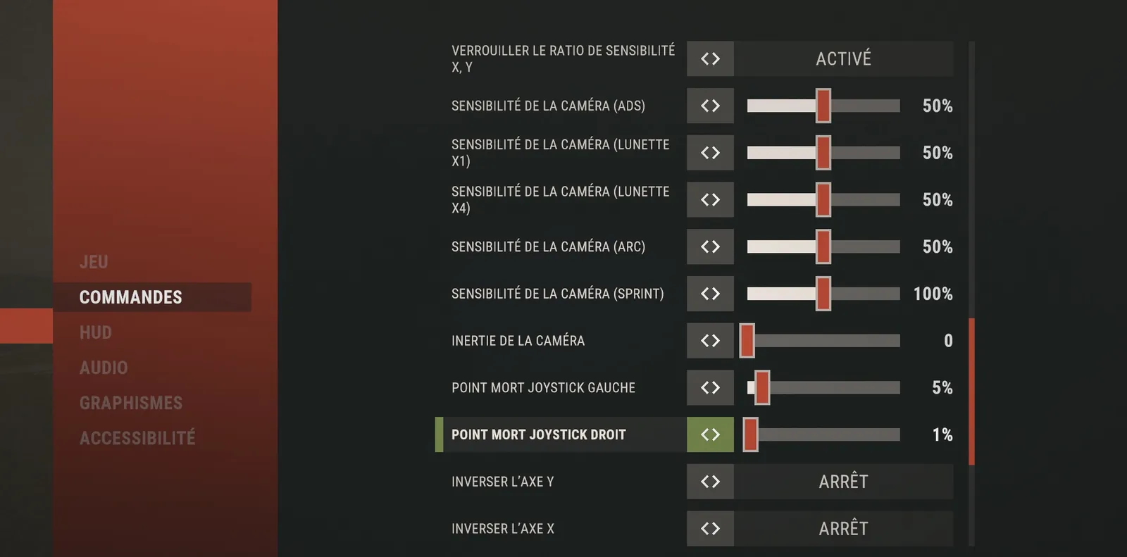 Rust options › CONTROLS › JOYSTICKS, scrolled further down. — écran SERVAL